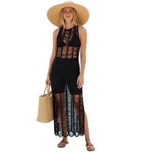 PrettyLittleThing‎ Black Tassel Knit Beach Cover Up Sheer Resort Dress XXL